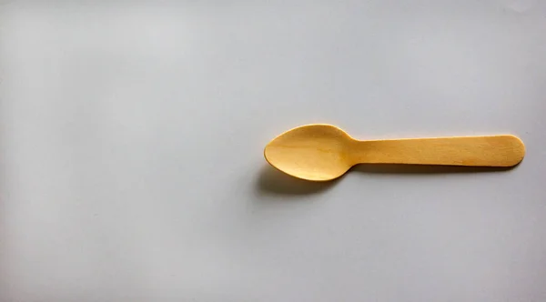 Wooden Spoon White Background Beautiful Warm Sunlight Concept Copy Space — Stock Photo, Image