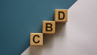 'CBD' kısaltmalı ahşap blok - 'Müşteri gelişimi' basamak basamak basamağı olarak dizilmiş kağıt mavi ve beyaz arka plan, kopyalama alanı. İş konsepti.