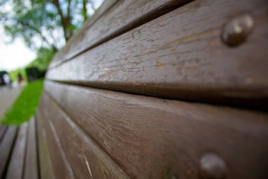 Eski ahşap kahverengi bank, yakın plan. Arka planda bulanık yeşil bir park var. Kavram.