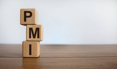 Concept word 'PMI' on cubes on a beautiful wooden table. White background. Business concept. Copy space. clipart