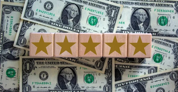 Fakockák Arany Csillaggal Bankjegyeken Másolás Minőség Luxus Koncepcionális Kép — Stock Fotó