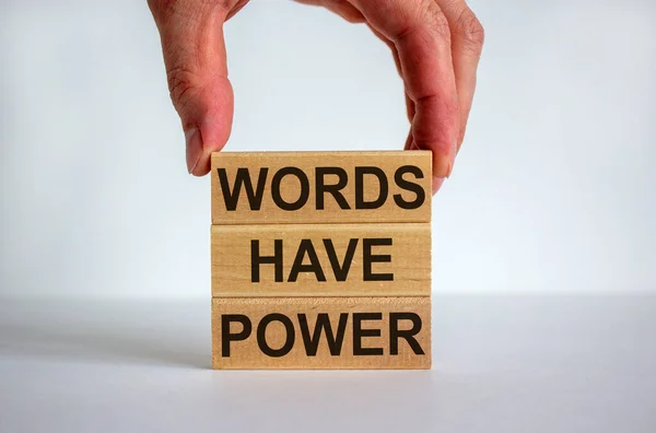 Male Hand Placing Block Word Words Top Blocks Tower Words — Stock Photo, Image