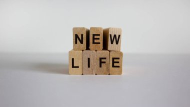 Güzel beyaz bir masadaki bloklardaki 'yeni hayat' kelimelerini kavra. Güzel beyaz arka plan. İş konsepti, kopyalama alanı.