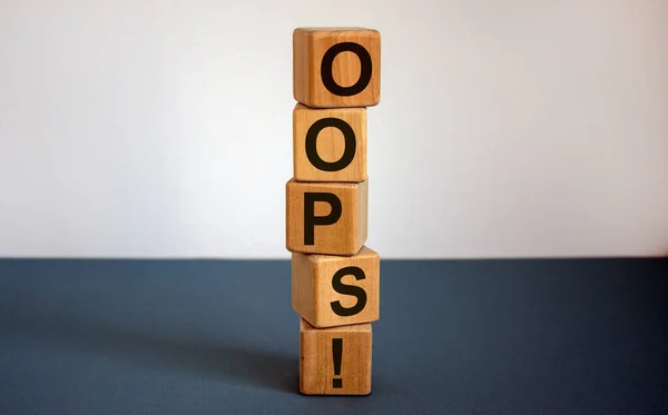Oops Sign Wooden Cubes Beautiful Blue Table White Background Copy — Stock Photo, Image