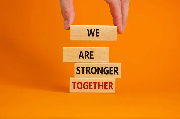 Male Hand Placing Block Word Blocks Tower Words Stronger Together — Stock Photo, Image