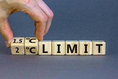 Küresel ısınmayı sınırlamanın sembolü. El küpü döndürür ve '2C limit' ifadesini '15C limit' ya çevirir, ya da tam tersi. Güzel gri arkaplan, kopyalama alanı. İş konsepti.