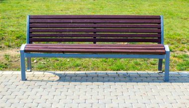 Parkta arkası yeşil çimlerin olduğu ahşap bir bank..