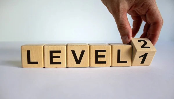 Time Level Hand Turning Cube Changes Word Level Level Beautiful — Stock Photo, Image