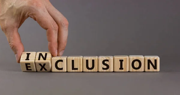 Symbol Better Inclusion Male Hand Turns Cubes Changes Word Exclusion — Stock Photo, Image