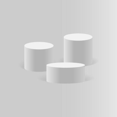 Gri arka planda izole edilmiş yuvarlak sahne podyumu. 3D Pedestal. Vektör illüstrasyonu.