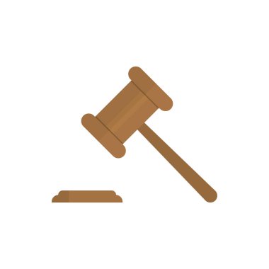 Gavel vektör illüstrasyonunu düz bir şekilde yargılar. Gavel simgesi renkli bir arkaplanda izole edilmiş. Tahta çekiç yasası kavramı.