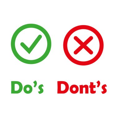 Yapılacaklar ve yapılmayacaklar gibi renkli işaretler. öneri ve değerlendirme için kontrol listesi sembolü kavramı. Basit yuvarlak düz trend logotip grafik tasarım çizimi beyazı izole etti