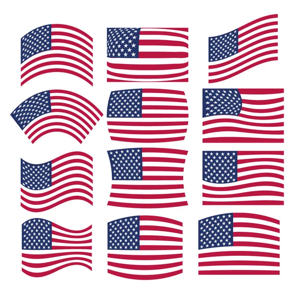 Vetor Muitas Bandeiras Americanas Dos Eua Acenando Diferentes Estilos Para — Vetor de Stock