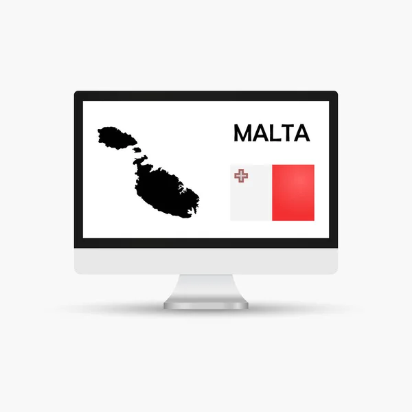 Bir Bayrak Harita Ülkesi Malta Ile Bilgisayar Monitörü — Stok Vektör