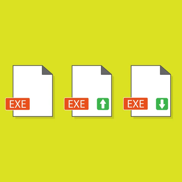 ファイル拡張子アイコンフラットスタイルで作成されたExe実行ファイル形式 サインは ファイルの名前を持つ曲線の角と色の長方形を持つ紙の白いシートを示しています — ストックベクタ