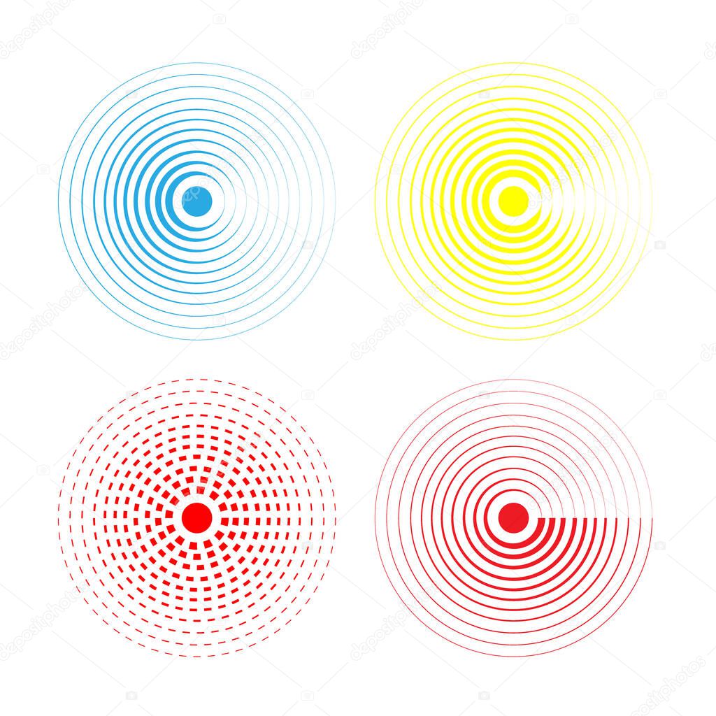 many colors water rings isolated. Sound circle wave effect vector pattern illustration. Concentric sihnal template for your design.