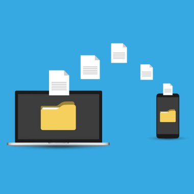 Dosya transferi. Ekranda dosyasıyla el ele tutuşan akıllı telefon ve bilgisayara aktarılan belgeler. Dosyaları, yedeklemeyi, dosya paylaşım kavramlarını kopyala. Modern düz tasarım grafik elementleri. Vektör illüstrasyonu