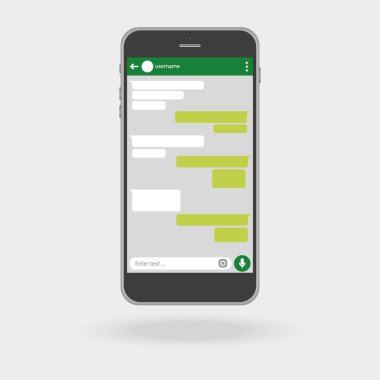 Akıllı telefonmuş. Sosyal ağ konsepti. Vektör. Kurye penceresi. Yeşil sohbet kutuları.