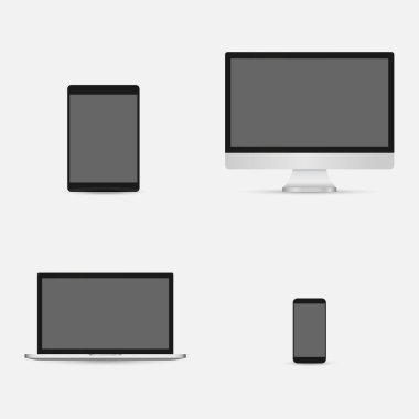 Gerçekçi bilgisayar monitörleri, dizüstü bilgisayarlar, tabletler ve cep telefonları. Elektronik aygıtlar beyaz arkaplanda izole edildi