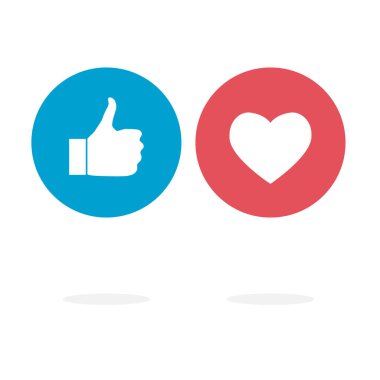 Baş parmaklar yukarı ve kalp simgeleri beyaz arka planda izole. Moda başparmaklar ve düz stil ui ve logo kalp simgeleri. Yaratıcı kavram, vektör illüstrasyonu, EPS 10