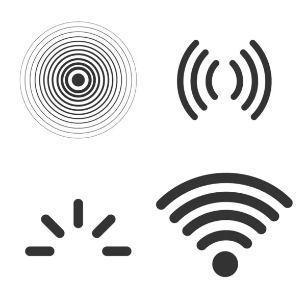 Sinyal simgeleri vektörü beyaz arkaplanda izole edildi, çizgi biçimli radyo sinyalleri dalgaları ve ışık ışınları, radar, wifi, anten ve uydu sinyal sembolleri