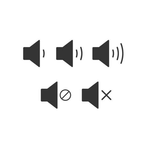 An icon that increases and reduces the sound. Icon showing the mute. A set of sound icons with different signal levels in a flat style. Vector.