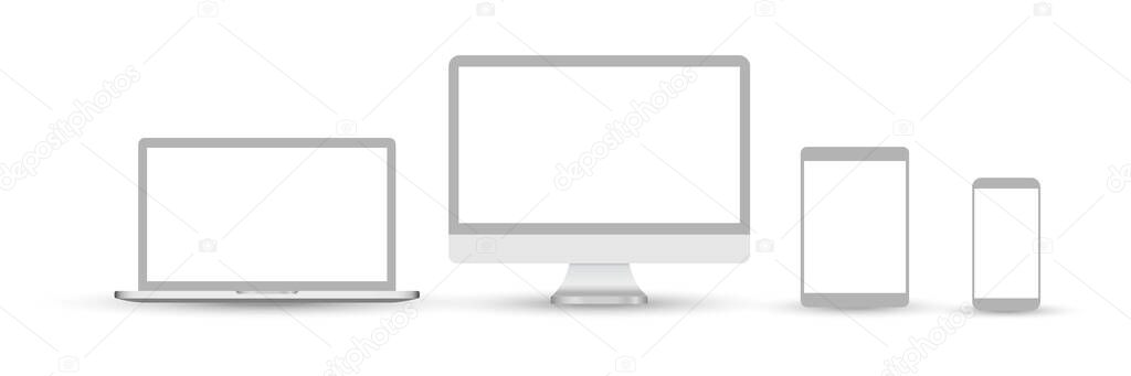 Set of devices icons. Set of devices icons. Devices isolated on white background. Icons: computer screen, laptop, tablet pc, smartphone, electronic book - stock vector illustration