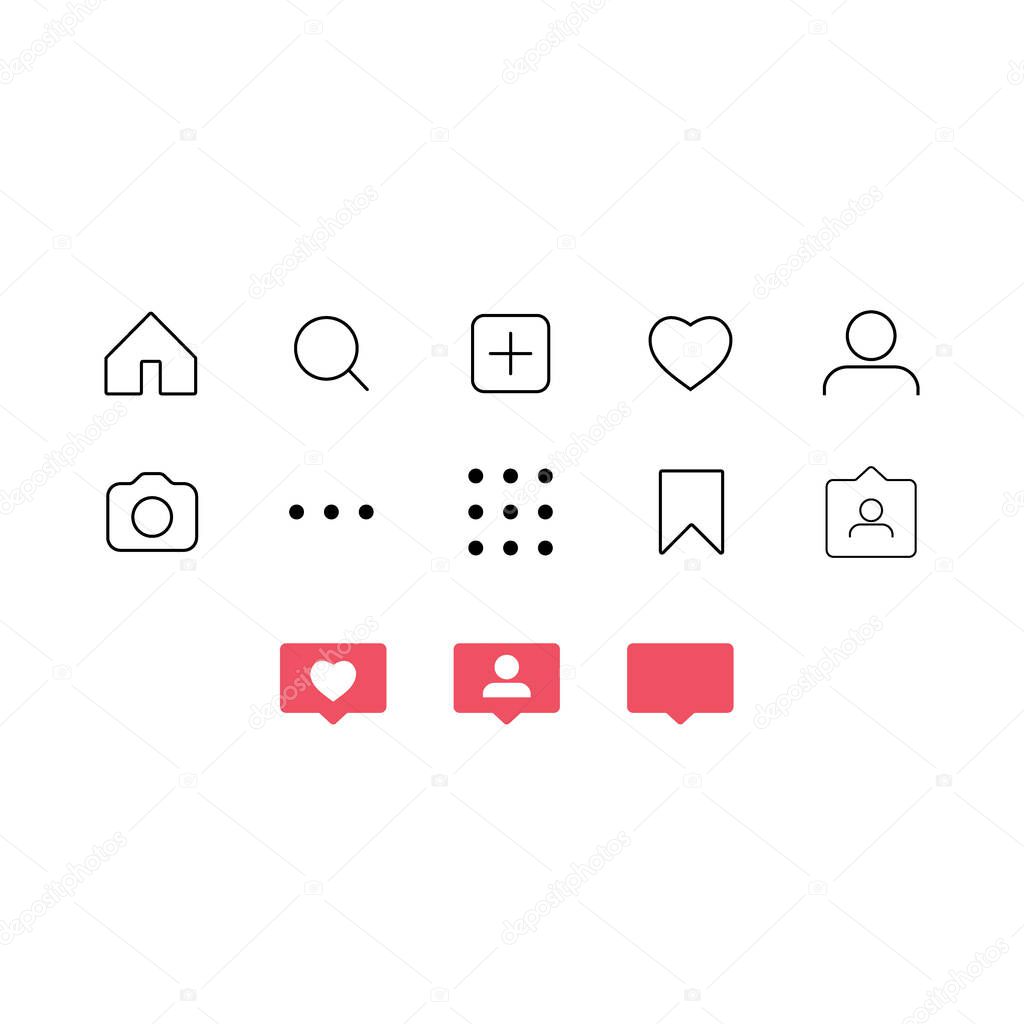 Flat design social network rating icons: thumbs up icon, heart symbol, repost and new follower set.