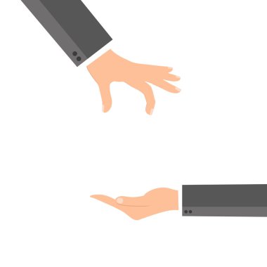 İş adamı insana bir konsept verir. Para alıyordum. Elden ele para transferi. Para vermek. Finansal bağış kavramı. Vektör illüstrasyonu, düz biçim tasarımı.