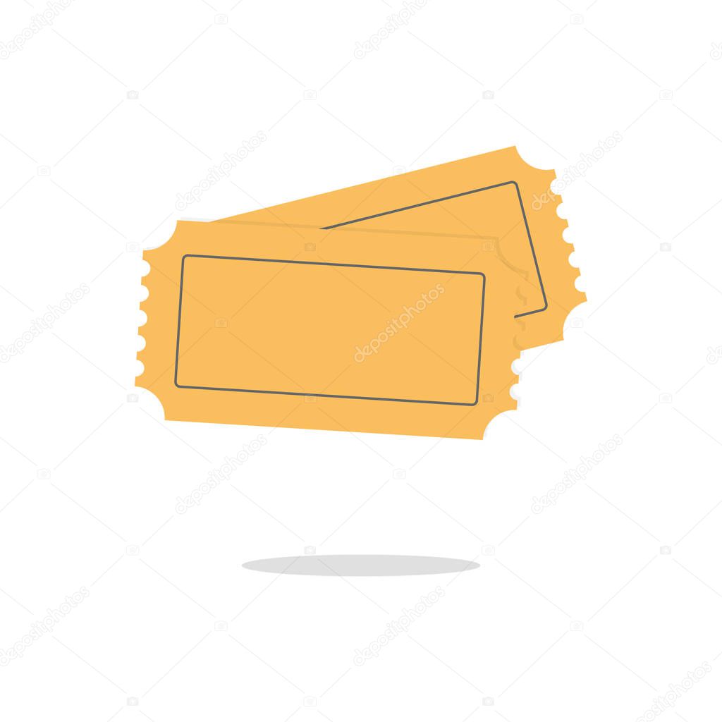 Vector illustration of two yellow cinema tickets on red background. Art design for web, site, advertising, banner, poster, flyer, brochure, board, paper print.