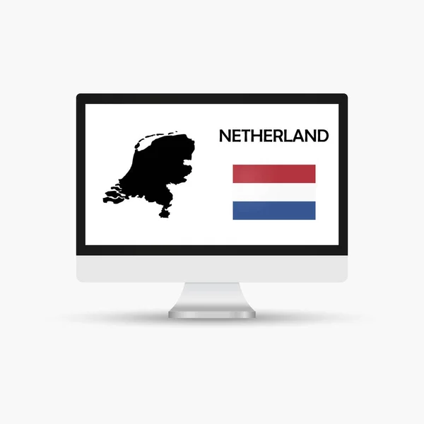 旗と地図の国オランダとコンピュータモニタ — ストックベクタ