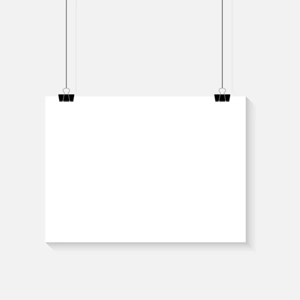 Bílý Plakát Visící Pořadači Průhledné Pozadí Maketou Prázdného Papíru Rozvržení — Stockový vektor