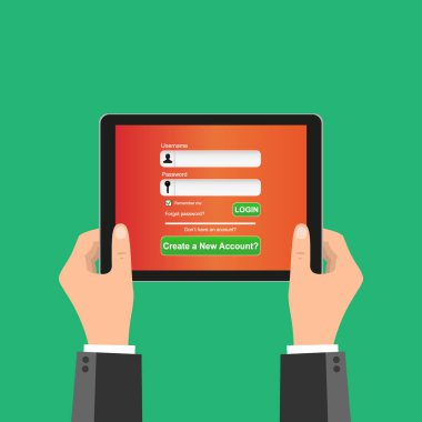 Kullanıcı giriş formu sayfası olan akıllı telefonu tut ve düğmeye bas. Kullanıcı adı ve parola kutusu. Üye profili oturumu, mobil uygulama düz tasarım kavramı.