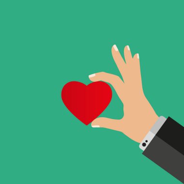 Adamın elinde bir kalp var. Vektör illüstrasyon düz tasarım. Hayırseverlik sembolü.