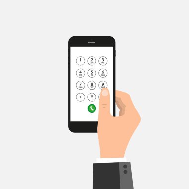 Hand is dialing number on the phone. Flat vector concept illustration of male hand and smartphone. Businessman touching buttons with numbers on the mobile phone screen to make a phone call. clipart