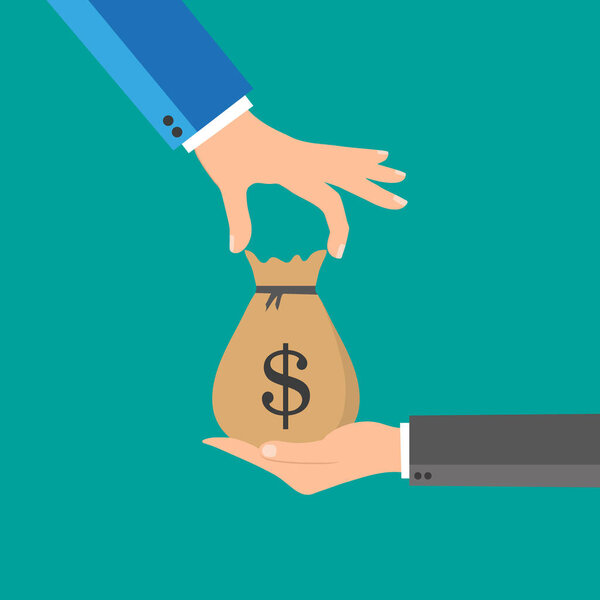 Hand giving money bag to another hand, payment, credit, loan, banking poster vector illustration isolated on blue background, cartoon flat design