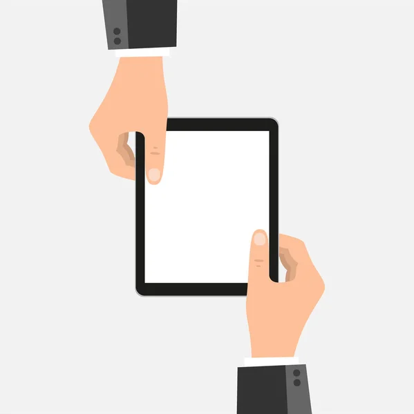 Empresário Mãos Segurando Tablet Com Tela Branco Design Plano —  Vetores de Stock
