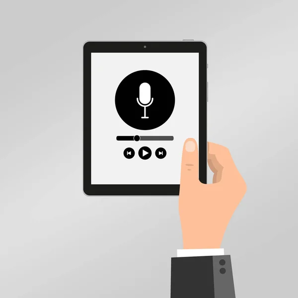 Podcast Müzik Çalar Tabletle Ele Tutuş Dokunmatik Ekranda Ortam Oynatıcı — Stok Vektör