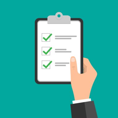 Bir iş adamının elinde bir anket ve sertifika bulunur. Stil işadamı, çalışma konsepti.