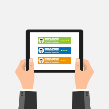 İki el ekranda Tablet 'i tutarken. İş Arama, İş Bulma, İnsan Kaynakları Vektör Kavramı. Düz Biçim İllüstrasyonu