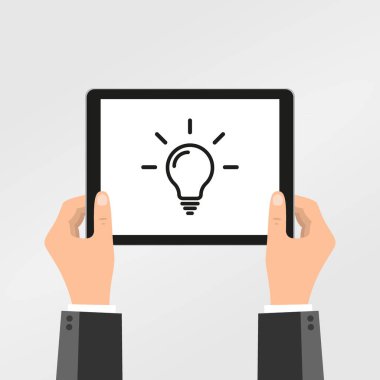 Düz tasarım konsepti, yaratıcı düşünmeyi el tutma tabletiyle online olarak öğreniyor. Vektör illüstrasyonu.