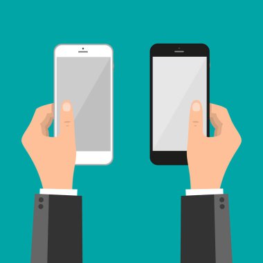 Akıllı telefonu katlayan ve ekran şablonuna dokunan eller - vektör şablonu