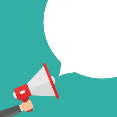 Elinde megafon tutan bir iş adamı. Ses hoparlörünün resmi ile reklam şablonu. Megafon ve hoparlör terfisi ya da iletişim. Vektör illüstrasyonu