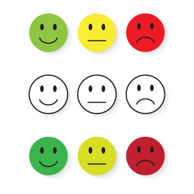 Bir dizi Duygu Simgesi. Emoji seviyesi, rütbe, yükleme. Mükemmel, iyi, normal, kötü, berbat. Beyaz arkaplanda izole.