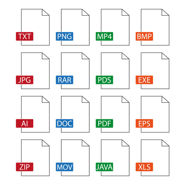 Document icons. File formats. Flat design. Vector icons set isolated on white background