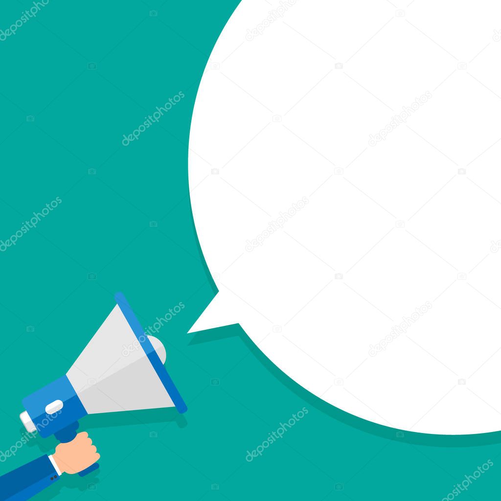 Hand holding megaphone with empty attention. Flat design business Vector Illustration concept Empty template copy space isolated Posters coupons promotional material Megaphone