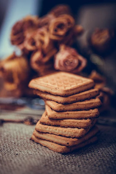 Stacked Chip Cookies Brown Napkin Symbolic Image Stack Biscuits Concept — Stock Photo, Image