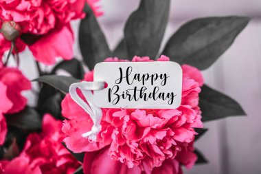 Pembe çiçeğin doğum günü tebrik kartı. Gül çiçekleri ve taç yaprakları arka plan.