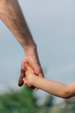 Babasının eli, yaz mevsiminde çocuğuna dışarıda liderlik eder. Aile kavramına güvenir. Babalar Günü konsepti.