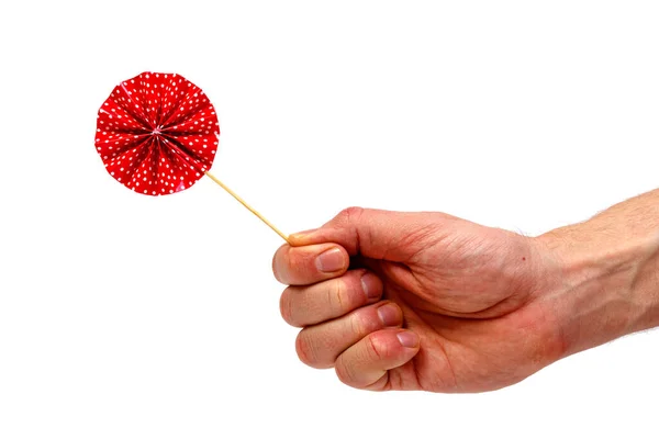 Male Hand Holding Lollipop Isolated White Background Minimalistic Concept — Stock Photo, Image